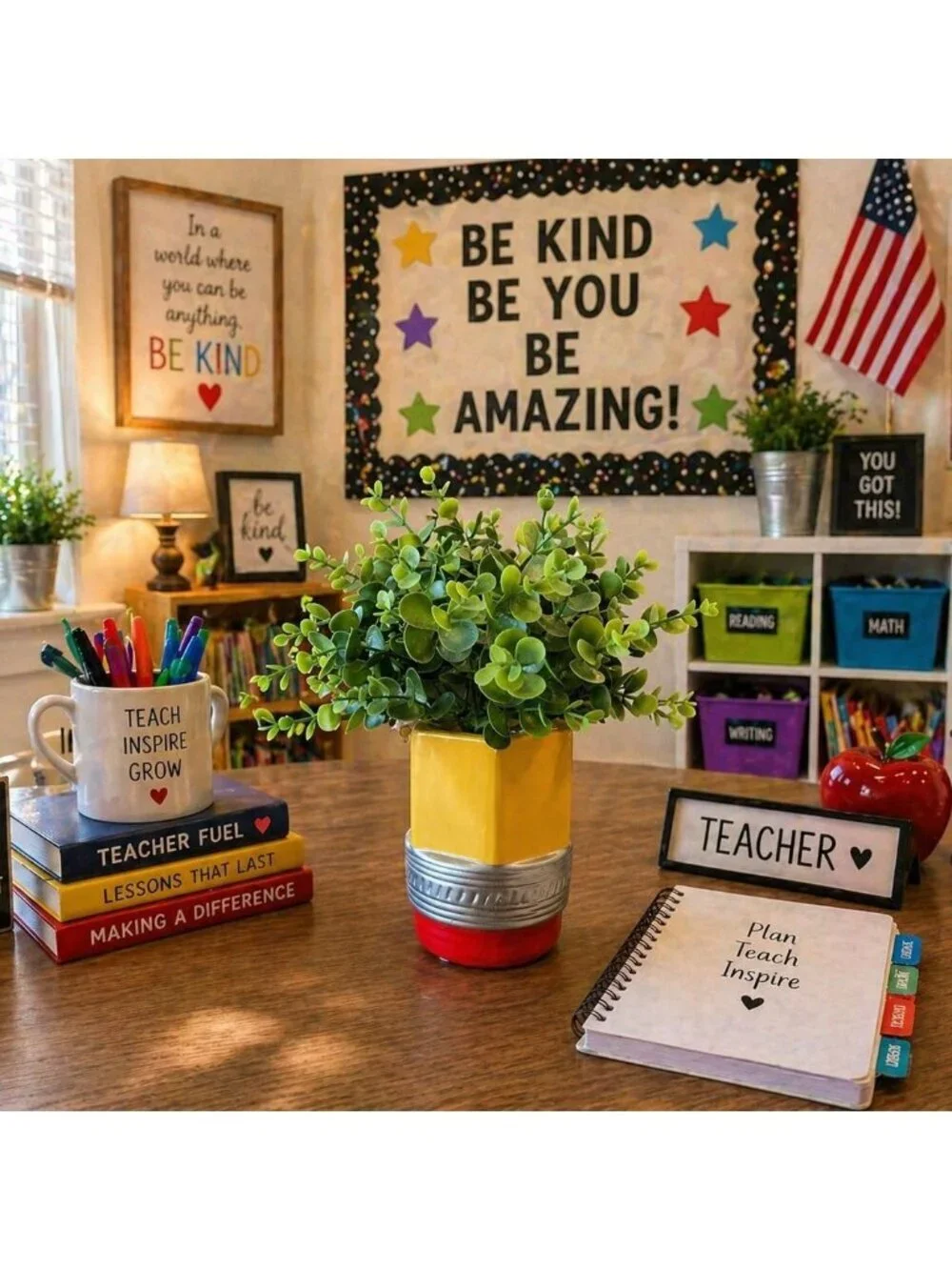New Teacher Classroom Pencil Green Leaf Desk Fake Plant Room Home Decor